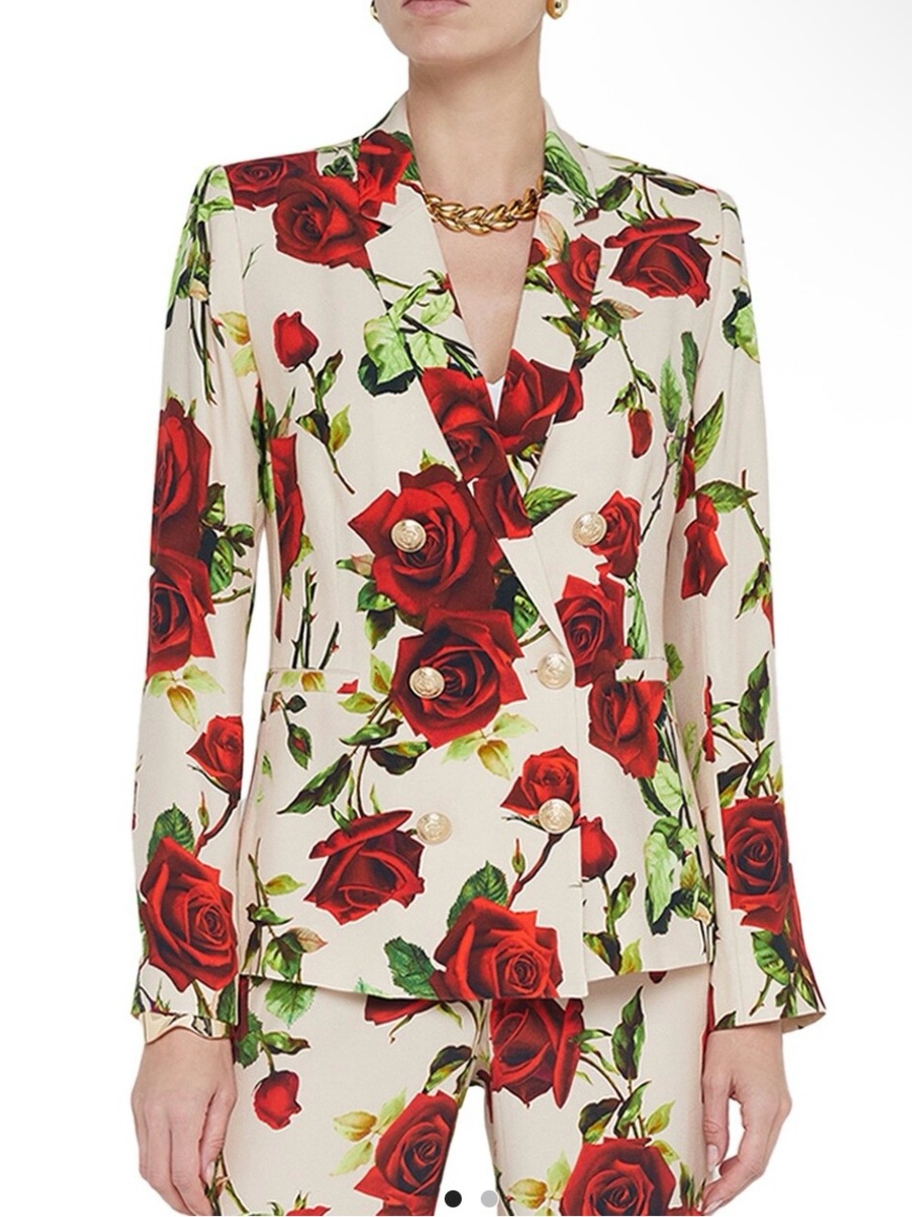 L'AGENCE Red Rose Print Double-Breasted Blazer on Cream